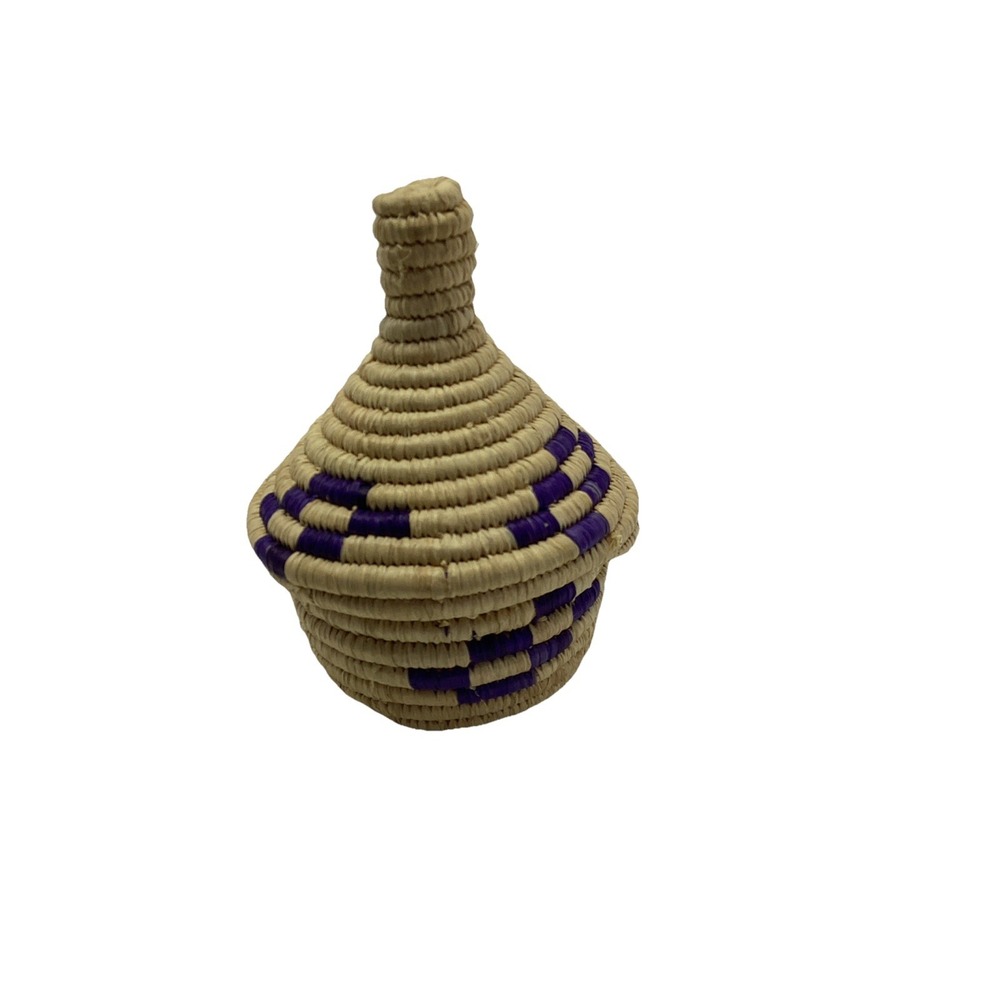 Hand Woven Mini Purple Coiled Grass Basket Detachable Lid 4" Tall X 21/2" Wide